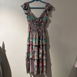 Olivaceous Madras Print Milkmaid Coquette Cottage Tiered Ruffled Maxi Dress M